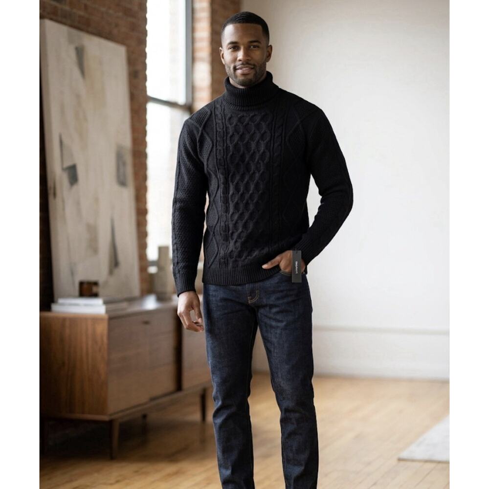 NOVAMEN - Black Miguel Cable Knit Turtleneck Sweater - Size Large NWT